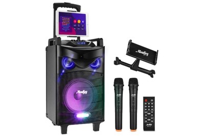 RESLTALY Bluetooth Karaoke Speaker Black 1 Portable Karaoke Machine for Children and Adults with FM Radio/BT/USB/TF/AUX/MIC/Two-Layer Color LED Lights Wireless Rechargeable Party Speaker System 
